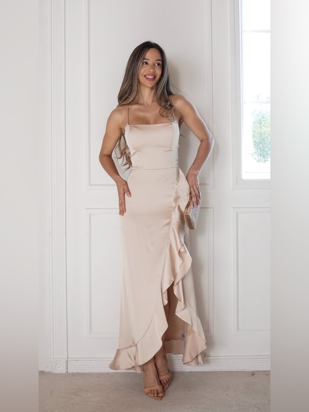 Dress Forum Champagne Satin Lace-Up Back Ruffle Maxi Dress Size M - Picture 15 of 16